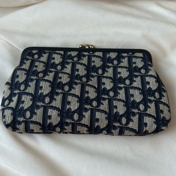 DIOR Navy Blue trotter Kiss lock Dual compartment pouch Cosmetic Bag 8inx5in - Picture 1 of 10